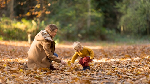 An adult and child playing with autumn leaves on a path